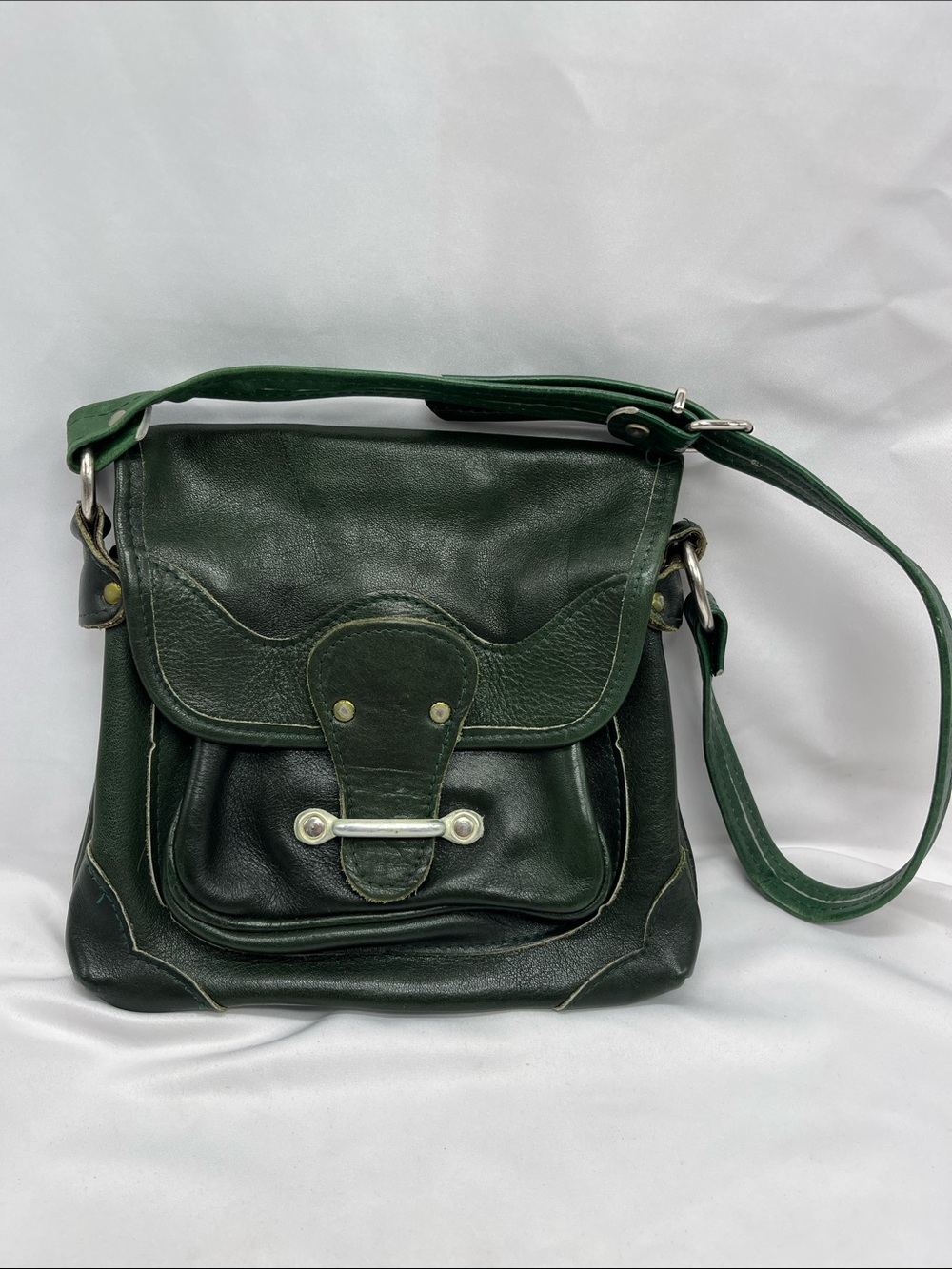Vintage Forest Green Leather Shoulder Bag Adjustable Strap